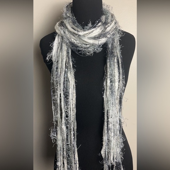 White and silver shaggy boho scarf - Picture 3 of 8